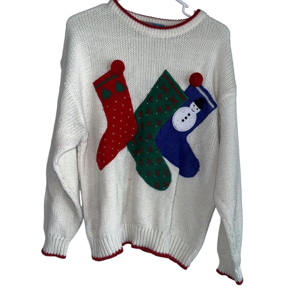 VTG Pinwheels Womens Ugly Christmas Sweater Sz L Acrylic Stockings Knit